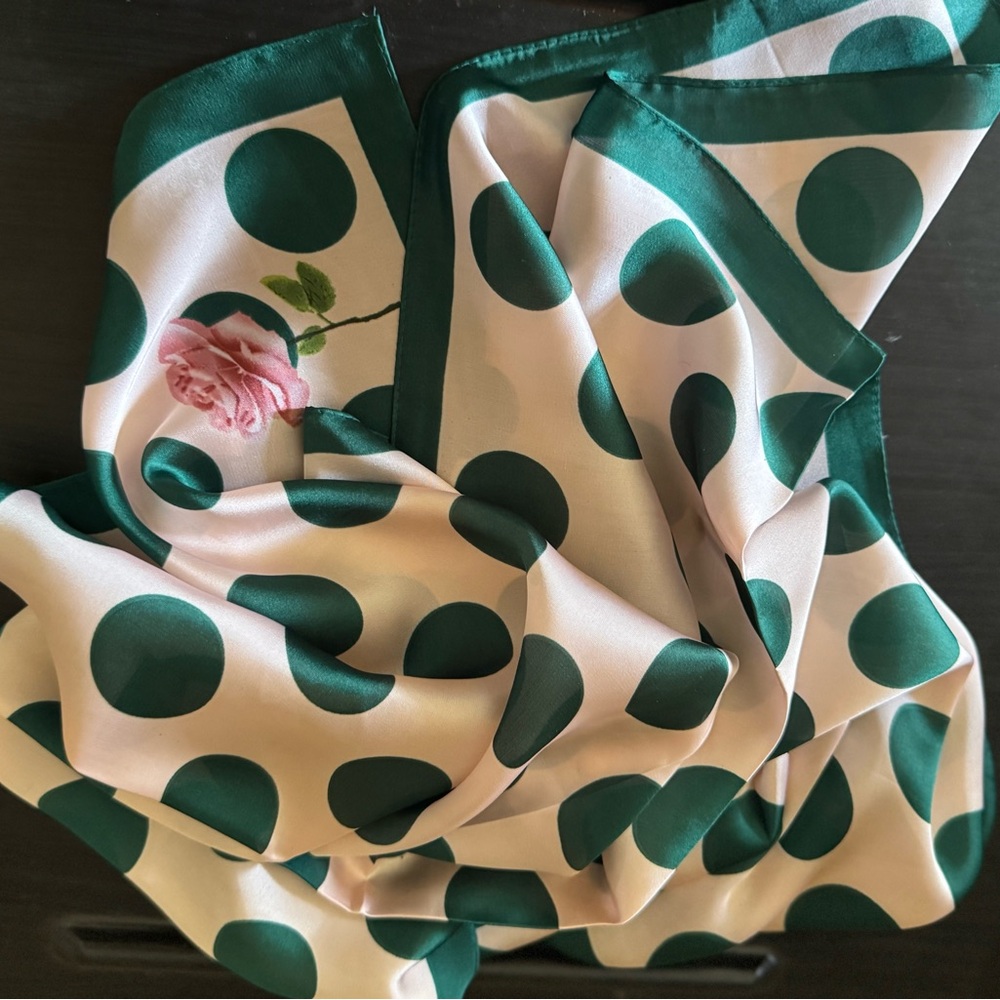 Green Polka Dot Scarf with Pink Rose Embroidery